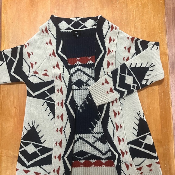 FATE Southwestern Aztec Open Front Cardigan Medium Boho Knit Sweater - Picture 3 of 5